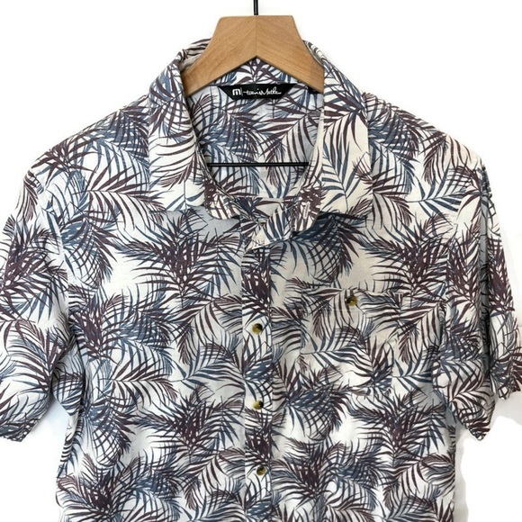 TRAVIS MATHEW White Brown Blue Tropical Print Short Sleeve Button Up Shirt Med - Picture 5 of 9